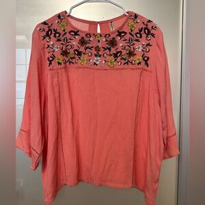 Forgotten Grace Embroidered Floral Coral Women's Top Size XL